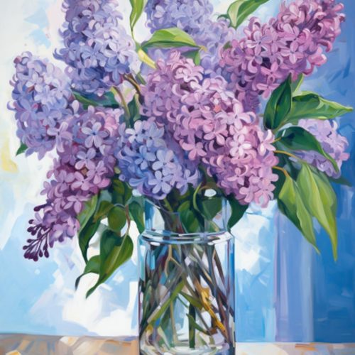 Paint by Number Blue Lilac in a Glass Vase Flowers DIY Painting On Canvas with Brushes Acrylic Paints Graffiti Paint by Numbers for Adults Kids Students Beginner 16x20 Inch（Without Frame）