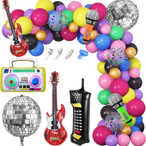 80s 90s Theme Party Decorations, 90Pcs Balloon Garland Kit 6PCS Disco Ball Radio Boom Box Retro Mobile Phone Guitar Microphone Foil Balloons for Back to 80s 90s Hip Hop Birthday Supplies