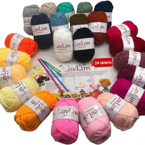 1 Crochet Yarn kit, 24 Soft Cotton Yarn skeins, 1500+ Yards, for Crochet and Knitting, Craft DK Yarn, Free Crochet/Amigurumi Patterns, Perfect Starter kit