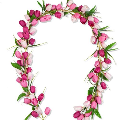 6.56FT Artificial Tulip Garland Spring Garland Easter Christmas Decorations with Flower Green Leaves Hanging Vines for Wall Home Wedding Indoor Outdoor Decor