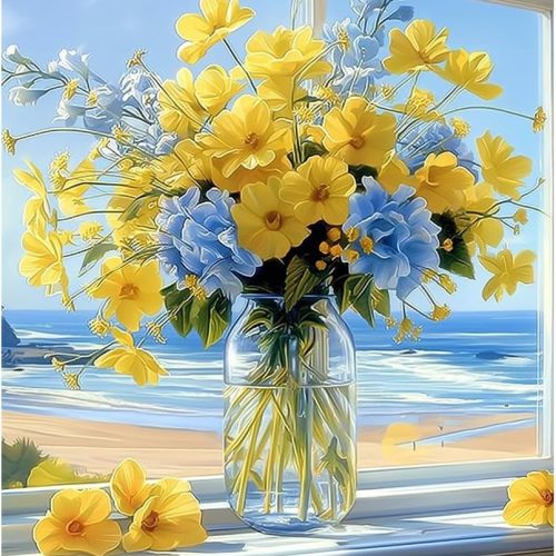 Paint by Numbers for Adults - Yellow and Blue Flowers Paint by Number Kits on Canvas Without Frame, Floral DIY Acrylic Painting for Ideal Gift Home Wall Decor 16x20 Inch