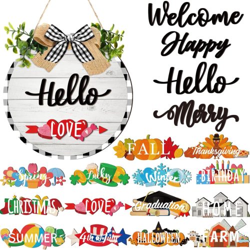 20 Pcs Seasonal Front Door Sign for All Seasons Hanging Interchangeable Holiday Welcome Sign, Rustic Round Wood Wreaths Wall Hanging Outdoor Indoor Farmhouse Front Door Home Decor(White)