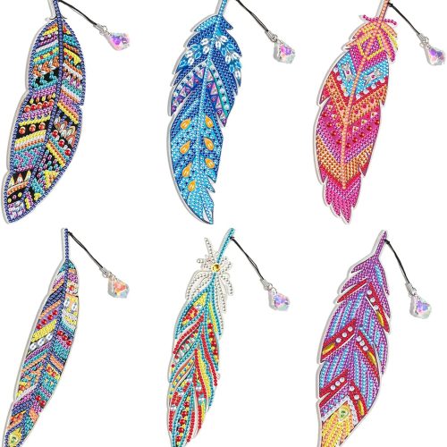 6 Pack Diamond Painting Bookmarks, DIY Diamond Art Acrylic Bookmarks with Tassel, Resin Rhinestone Feather Textbookmarks Kits for Read & Crafts Lovers