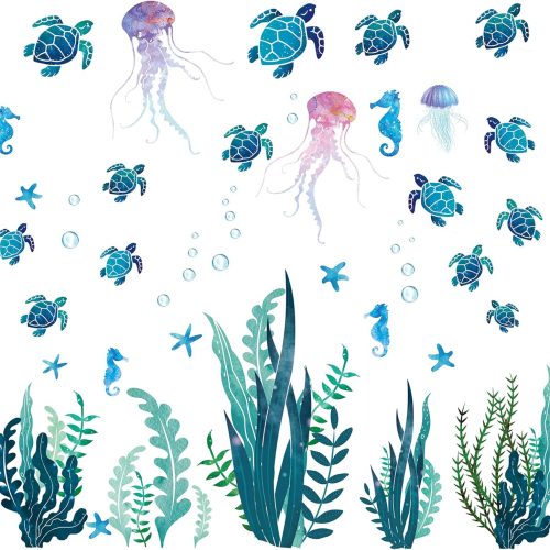 28 Pcs Under The Sea Wall Decals Glow in The Dark Sea Turtle Ocean Grass Seaweed Jellyfish Peel Stick Underwater Wall Decoration for Kids Bedroom Bathroom Toilet (Vivid Style)
