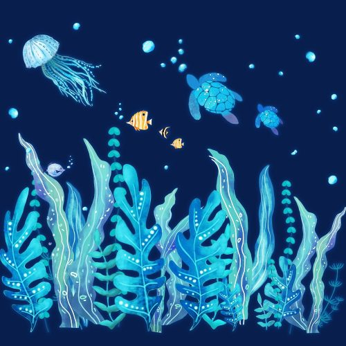5 Sheets Ocean Sea Turtle Wall Decals Stickers Under The Sea Stickers Grass Jellyfish Fish Removable Vinyl Decal for Bedroom Bathroom Nursery Room Wall Decor(Blue Glow Style)