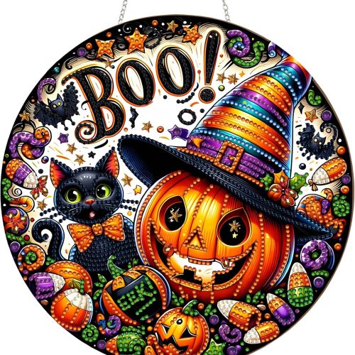 DIY Halloween Acrylic Diamond Art Painting Wreath Kits Special Shaped Rhinestone 5D Diamond Art Window Pendants Home Garden Wall Hanging Kits Hanging Ornament (Pumpkin and Cat)