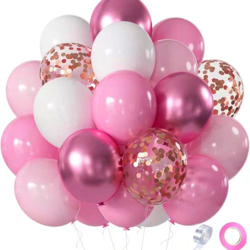 Pink White Rose Party Balloons, 60pcs 12 inch Pink White Rose Gold Confetti Balloons Kit, Pink White Chrome Rose Latex Balloons for Birthday, Wedding, Graduation Party Decorations
