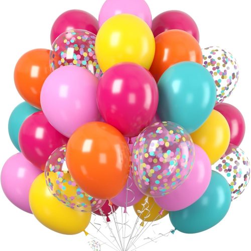 60PC Rainbow Balloons Set, Colorful Balloons, 12 Inch Bright Color Yellow Orange Hot Pink Teal Blue Confetti Balloon Helium for Rainbow Wedding Day Birthday Party decorations
