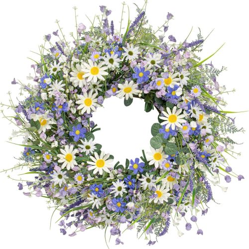 24 Inches Spring Wreaths for Front Door Blue Spring Door Wreath Summer Floral Wreath with Wildflower White Sunflower for Porch Indoors Outdoor Window Home Decorations