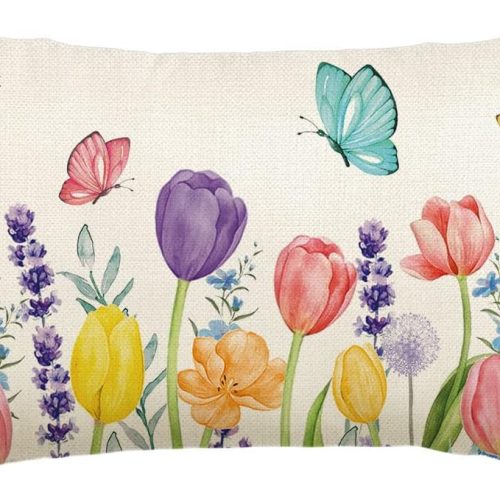 1 colorlife Spring Flowers Tulip Lavender Eucalyptus Butterfly Throw Pillow Cover, 12 x 20 Inch Spring Cushion Case for Sofa Couch