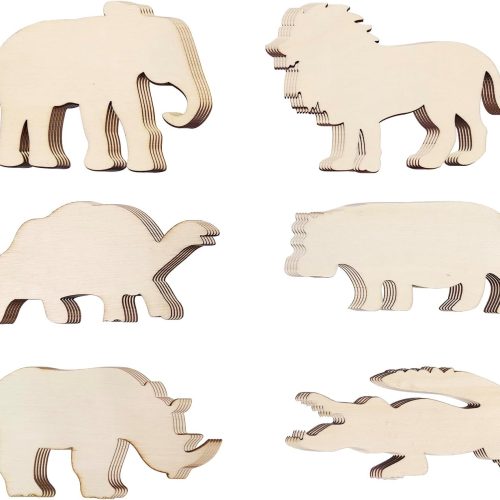 30 Pack Unfinished Wood Animal Cutouts - Jungle Crafts Wood Elephant, Rhino, Lion, Hippo, Crocodile, Turtle Cutouts to Paint Wooden Safari Animal Hanging Ornaments DIY Gift Tags