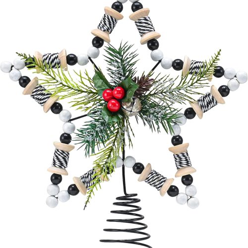Rattan Star Tree Topper – Christmas Farmhouse Decor Wooden Beads Rustic Tree Topper with Holly Mistletoe and Berry Wood Bead Trees Top Xmas Decorations 11.5"