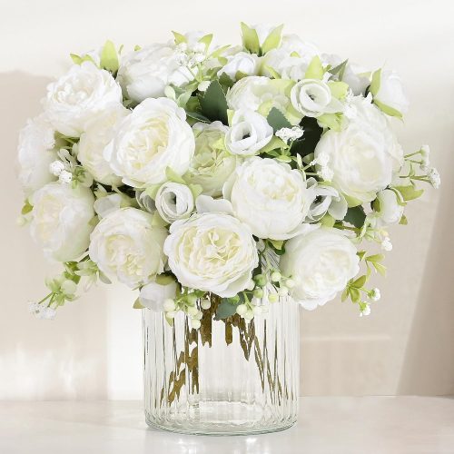 2 Packs Peonies Artificial Flowers, White Artificial Peonies, Silk Peonies Flowers Fake Peonies Artificial Flowers Peonies Bouquet for Centerpiece Table Wedding Party Home Decor
