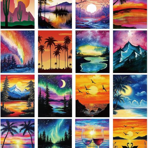 16 Pcs Pre Drawn Canvas to Paint Sunset Landscape Pre Drawn Canvas for Adults Stretched Printed Canva Bulk 8" x 10" Sip and Paint Kit for Artist DIY Art Christmas Party Adult Date Night