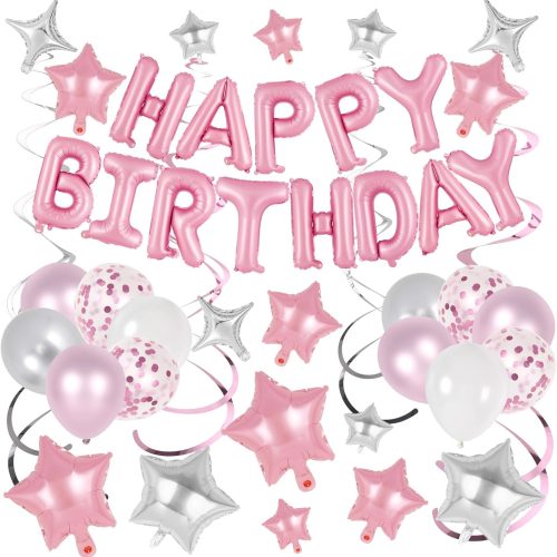 1 55 Pcs Happy Birthday Balloons Letters Banner with 35 Pcs Star Foil Balloon, 20 Pcs Latex Balloons, 6 Hanging Swirls for Women Men Boys Girls Birthday Party Decorations Set (Pink)