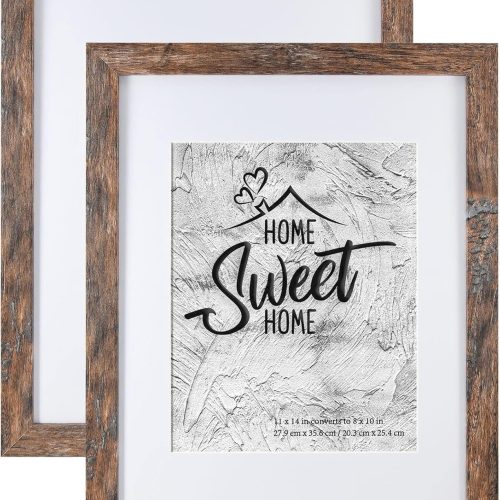 Rustic Brown 11x14 Picture Frame - Display Photos 8x10 with Mat or 11x14 Without Mat - Real Glass Inside - Set of 2
