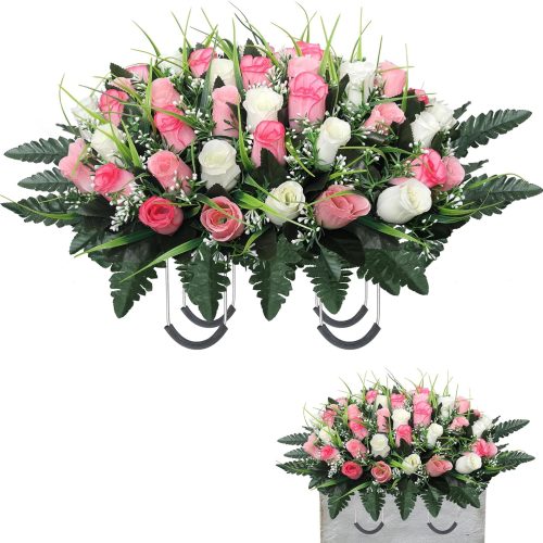 Cemetery Flowers for Grave,Headstone Flower Saddle,Flowers for Cemetery Grave Decoration Headstone Flower Saddle for Headstone Decoratio (Pink White)