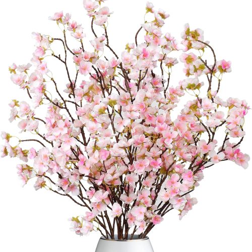 4Pack Artificial Cherry Blossom Flowers 39.3in Faux Cherry Blossom Branches Silk Flowers in Vase Pink Peach Faux Flowers Spring Decor Wedding Party Home Table Vase Decor