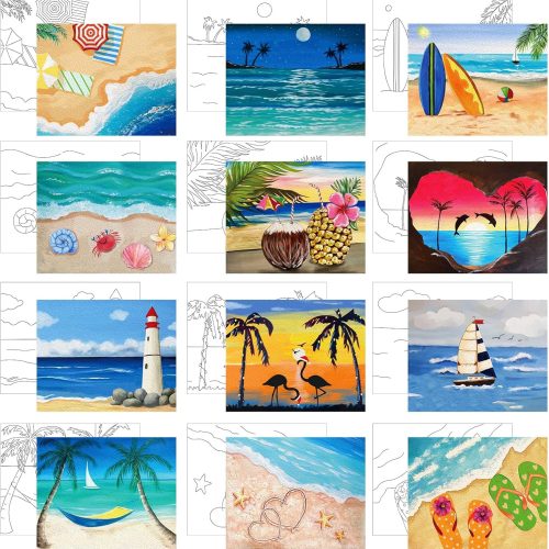 1 12 Pcs Pre Drawn Canvas for Painting for Adults 8 x 8 Inch Canvas Painting Kits Stretched with Drawing Ready to Paint Beginner Artists Date Night Galentines Party Supplies(Beach)