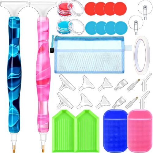 31 Pcs 5D DIY Diamond Tools Kit with Handmade Resin Painting Pens, Anti-Slip Mats, Plastic Diamond Trays, Clay Boxes, Drill Point Accessories for Adults DIY Craft(Dark Blue, Pink)