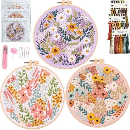 Embroidery kit, Adult Embroidery Material Set with Cute Flowers and Plants Patterns. 3 Embroidery Clothes and Colors Threads. 1 Hoop. (Flowers-A)