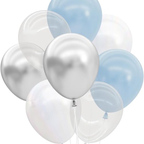 Blue, Pearl White, Clear, Silver, Latex Balloons - 25 pk, 12" | Cloud Nine Bachelorette Party Decorations, Birthday Party Supplies, Bridal Shower, Boy Baby Shower, Winter Holiday