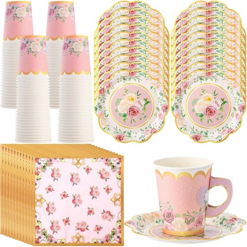 150 Pcs Tea Party Decorations for Tables 9 oz Floral Disposable Paper Tea Cups with Handles Plates Saucers Napkins for Summer Spring Party(Classic Style)