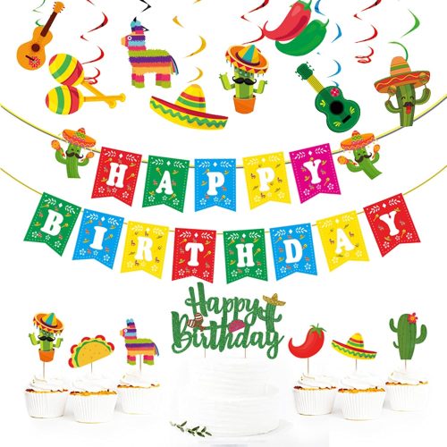 Theme Birthday Party Decorations Set, Fiesta Party Supplies, Pre-Strung Happy Birthday Banner, Cupcake Cake Toppers, Cactus Taco Ceiling Hanging Swirls, Mexican Cinco De Mayo Party Supplies