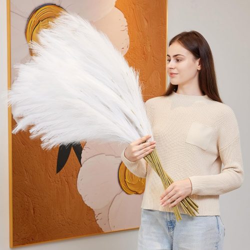 10 Pcs 39''/3.2FT Faux Pampas Grass Decor, Large Tall Fluffy Artificial Fake Flower, Bedroom Decor Boho Decor Pompas Floral for Vase Filler Farmhouse Home Wedding Decor (White)
