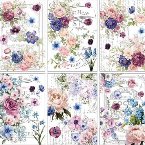 Flower Rub on Transfers for Crafts and Furniture - Wxiben 6 Sheets Retro Floral Word Rub on Transfers for Furniture Roses Plant Rub on Transfer Stickers Decals for Wood DIY Craft Office Home Decor