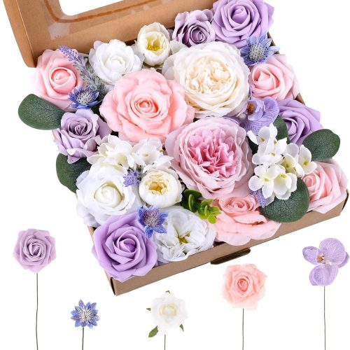 Purple Pink Artificial Flowers Combo Box, Silk Floral Wedding Bouquets Rose with Stem for DIY Wedding Arrangement Bridal Baby Shower Flower Vase Centerpiece Cake Decor