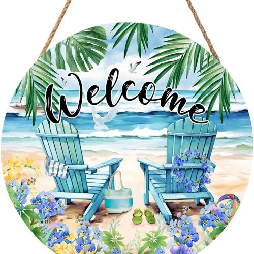 1 Welcome Summer Sea Chair Front Door SignFlower Wall Hanging Round Door Hanger Farmhouse Coastal Beach Wooden Wreath for Front Door Hello Summer Outdoor Outside Porch Decor 12"X12"