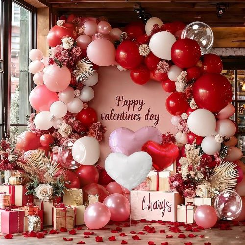 Red Pink White Balloon Garland Double Stuffed Dark Red Pink Pearl Balloon Arch Kit Bobo with Foil Heart Balloons for Christmas Birthday Baby Shower Wedding Bridal Shower Cherry Party Decorations