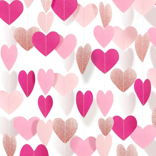 52 Feet Heart Streamers Paper Garlands Valentines Day Party Decorations Hot-Pink Rose-Gold Hanging Love-Heart Garland Banner for Mothers Day Wedding Engagement Girls Birthday Party Supplies