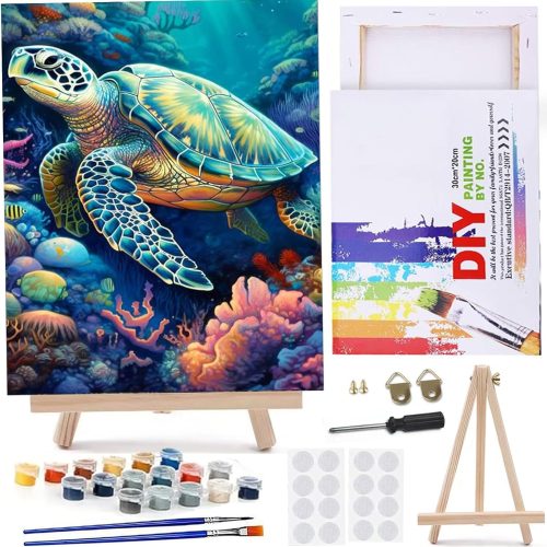 Paint by Numbers Kit for Adults Beginners 8Wx12L inch Canvas Pictures with Framed Drawing Painting Works with Wooden Triangle Easel Acrylic Pigment Sea Turtle