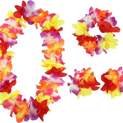 1 Hawaiian Leis Set,Hawaiian Luau Flower Leis Necklace Headband Bracelets Set,Essential Party Decorations for Birthday, Graduation, and Wedding Celebrations (Colorful)