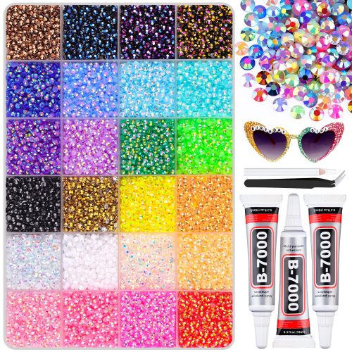 32000Pcs Resin Rhinestones with B7000 Jewelry Glue for Crafting, Multicolors 3mm Non Hotfix Flatback Gems, Bedazzling Crystal for DIY Crafts Clothing Tumblers Mugs Shoes Fabric Decor Nail Art