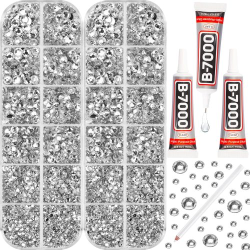 11000Pcs Silver Clear 2/3/4/5mm Flatback Rhinestones with Glue for Bedazzling Crafting Clothing Clothes Crafts Shoes Nail Art, Resin Flat Back Gems Crystals Diamonds Gemstones Jewels Stones Kit
