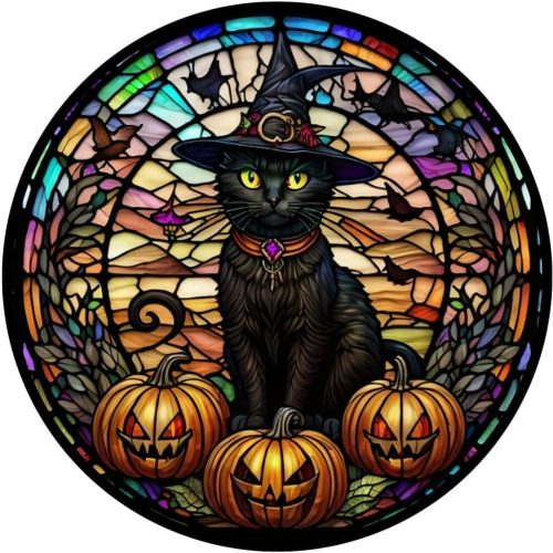 Halloween Diamond Painting Diamond Art Kits for Adults,Stained Glass Black Cat Diamond Art,5D Diamond Painting Accessories Diamond Art Kits,Round Full Drill Art Kits- Decor&Gift-11.8x11.8in