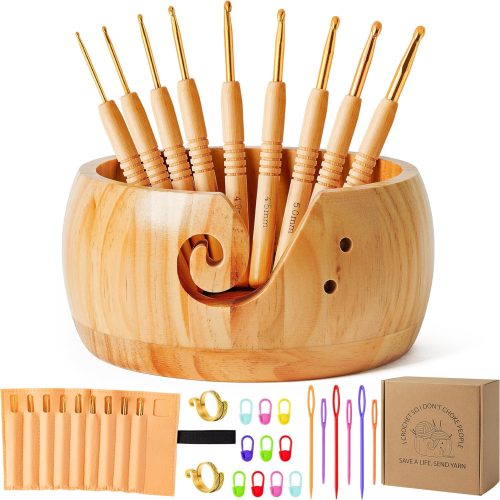 Wooden Yarn Bowl Holder Set - Large Crochet Yarn Storage Bowls with 9pcs Metal Knitting Hooks, Adjustable Loop Ring Stitch Markers with Box Crochet Gifts for Knitters Crocheters (Natural)