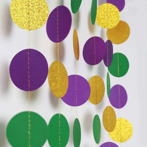 Gold Purple Green Mardi Gras Decorations Glitter Dot Mardi Gras Garland Decor Circle Streamers Fat Tuesday Banner Carnival Themed Backdrop Wedding Baby Shower Birthday Party Supplies