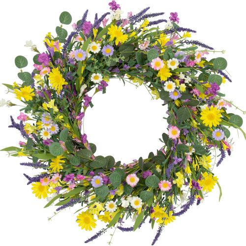 Spring Wreaths for Front Door 22 Inch Artificial Summer Wreath Daisy and Lavender Wreath with Wildflowers for Home Wall Farmhouse Springtime Easter Holiday Party