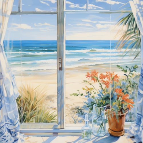 Beach Window Landscape Oil Painting Paint by Number Kits 16 x 20 inch Canvas Flowers Seaside Scenery DIY Oil Painting for Kids Students Adults Beginner with Brushes Acrylic Pigment (without Frame)