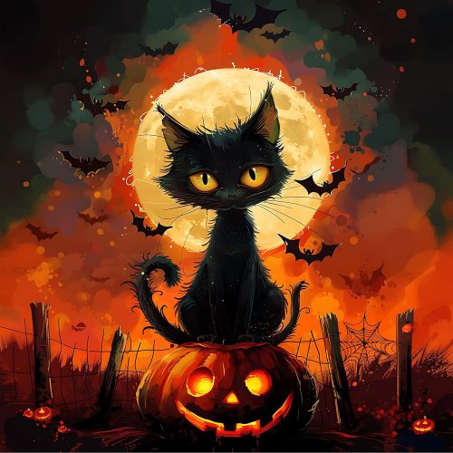 Black Cat Diamond Art Painting Kits for Adults, Round 5D Full Drill Halloween Diamond Dots Paintings Set for Beginners DIY Crafts 14x14 Inch