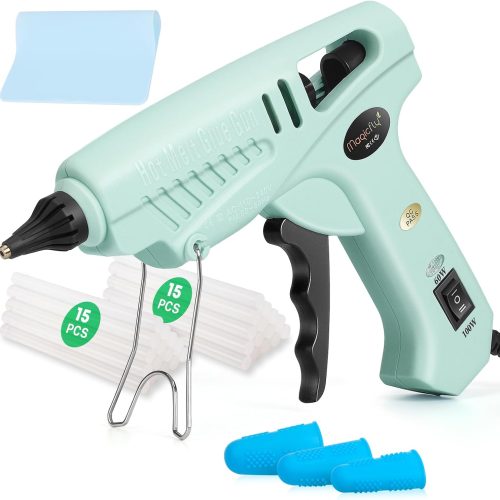 60/100W Hot Glue Gun Full Size with 30 Pcs Hot Glue Sticks (0.43 X 5.9 inch), Dual Power High Temp Melt Glue Gun Kit with Finger Caps, Mat for Arts Craft, Household, Green