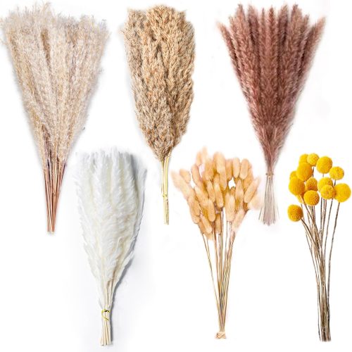 100PCS Natural Dried Pampas Grass Decor - 17.5" Fluffy Pampas Grass Bouquet - Boho Home Decor Dried Flowers for Wedding Floral Room Home Party Table Decorations