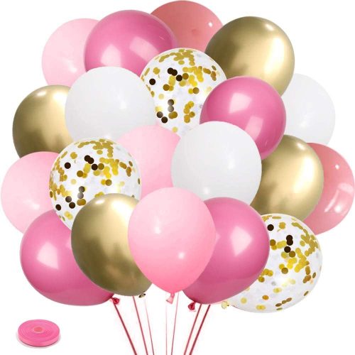 Pink Gold White Latex Balloons,61 Pcs Pink and Gold Confetti Party Balloons For Girl's Birthday Mother's Day Baby Shower Engagement Wedding Anniversary Party Decorations