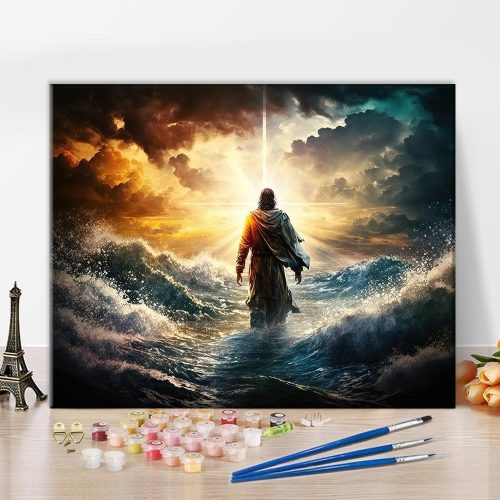 Jesus Paint by Numbers Kit, Figure of Jesus Walks on Water on Beautiful Sunset Paint by Numbers for Adults Kids with Brushes and Pigment, Oil Painting for Wall Decor, 16x20 Inch