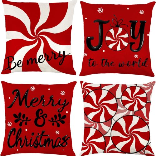 Christmas Candy Pillow Covers, 18x18 Set of 4 Red White Christmas Throw Cushion Case Be Merry Christmas for Winter Holiday Sofa Couch Home Decoration