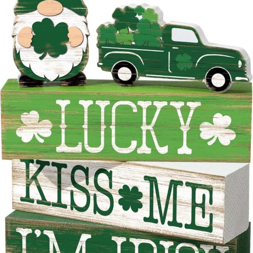 5 Pcs St Patricks Day Decoration St. Patrick's Table Signs Saint Patty's Day Tiered Tray Decor Wooden Gnome Truck Blocks Signs Irish Table Decor for Home Office Desk Coffee Bar Shelf